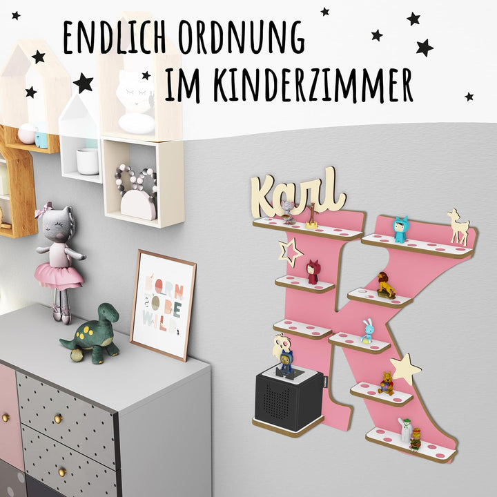 Regal Buchstabe für Toniebox, Wandregal für Tonie Figuren, personalisiert mit Name, Aufbewahrung für