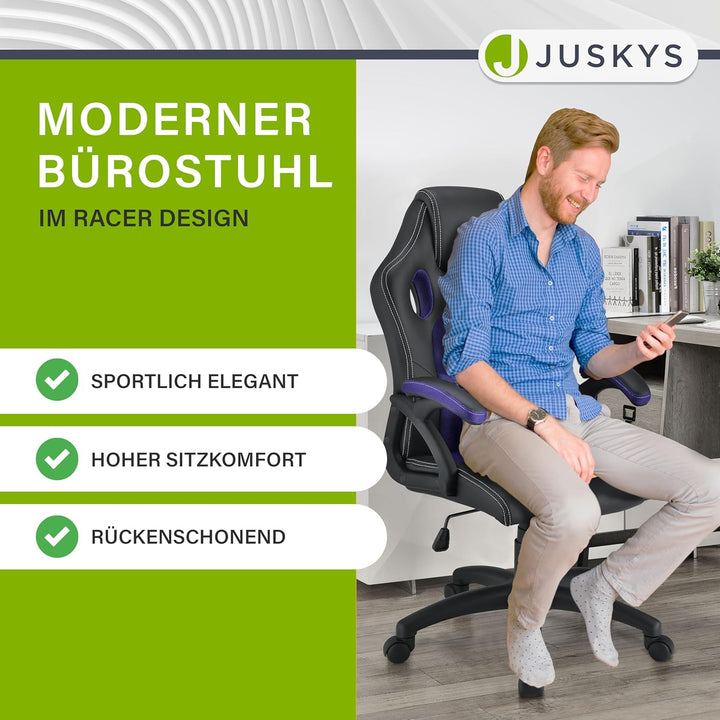 Juskys Racing Schreibtischstuhl Montreal violett | Armlehnen gepolstert & ergonomische Rückenlehne |