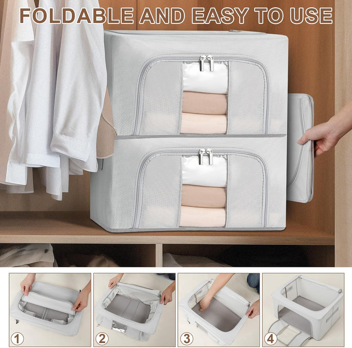 Cozary Feste Faltbare Kleideraufbewahrung Box 2 Stück 24L,Aufbewahrungsbox mit Reissverschlüss,Metal