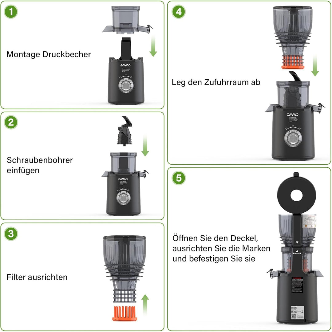 OMMO Entsafter Slow Juicer, 300W Entsafter Gemüse und Obst Testsieger Schwarz, Schwarz