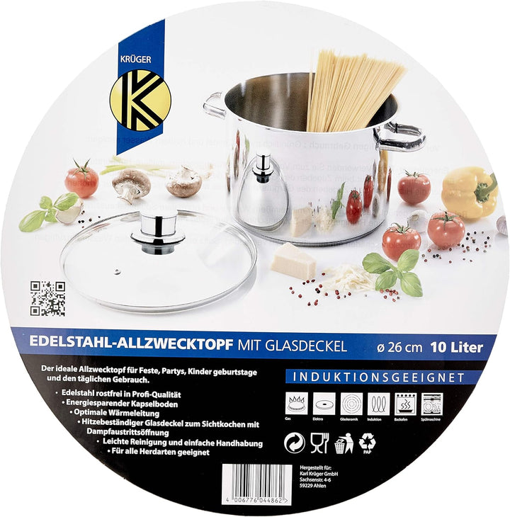 Karl Krüger A26 Topf, Edelstahl, silber, 24 cm, 10 Liter Allzwecktopf 10 Liter, Allzwecktopf 10 Lite