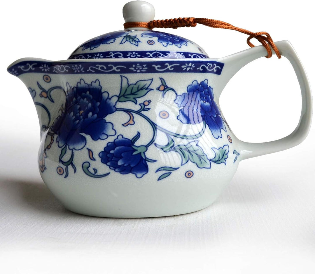 Yxhupot Teekanne 425 ml Blau Weiss Porzellan China Edelstahl Infuser Blume (Cihu Mudan), Weiss