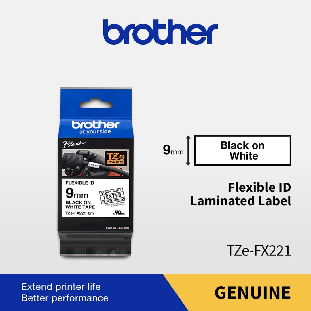 Brother Original P-touch Schriftband TZE-FX221 9 mm, schwarz auf weiss (u.a. für Brother P-touch PT-