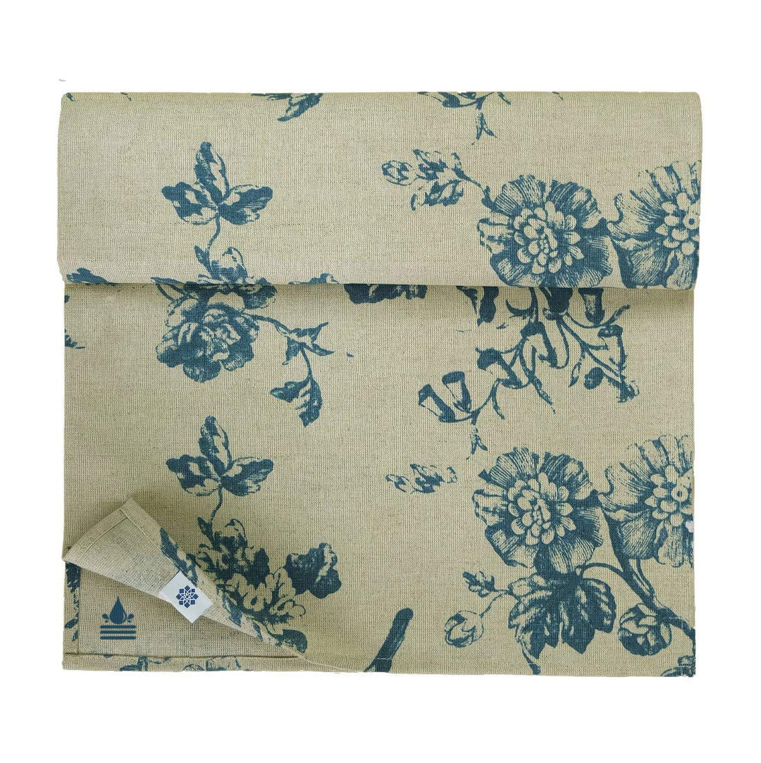 Linen &amp; Cotton Tischläufer Fiore mit Blumen Motiv - 59% Leinen, 41% Baumwolle, Beige Blau (34 x 140