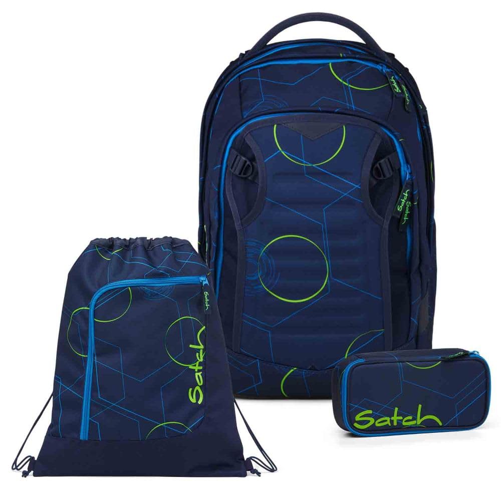 Satch Match Plus Schulrucksack Set 3tlg. inkl. Schlamperbox und Sportbeutel (Blue Tech), Blue Tech