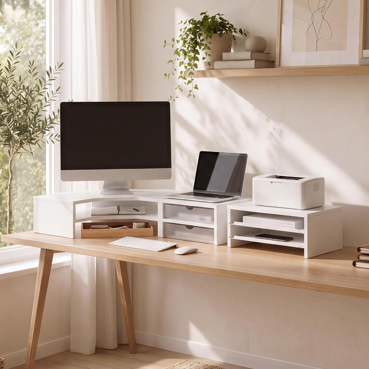 Fenge Monitorständer 3 in 1, Dual Monitor Stand mit Schublade und Ausziehbarem Tablett, L-Förmiger E