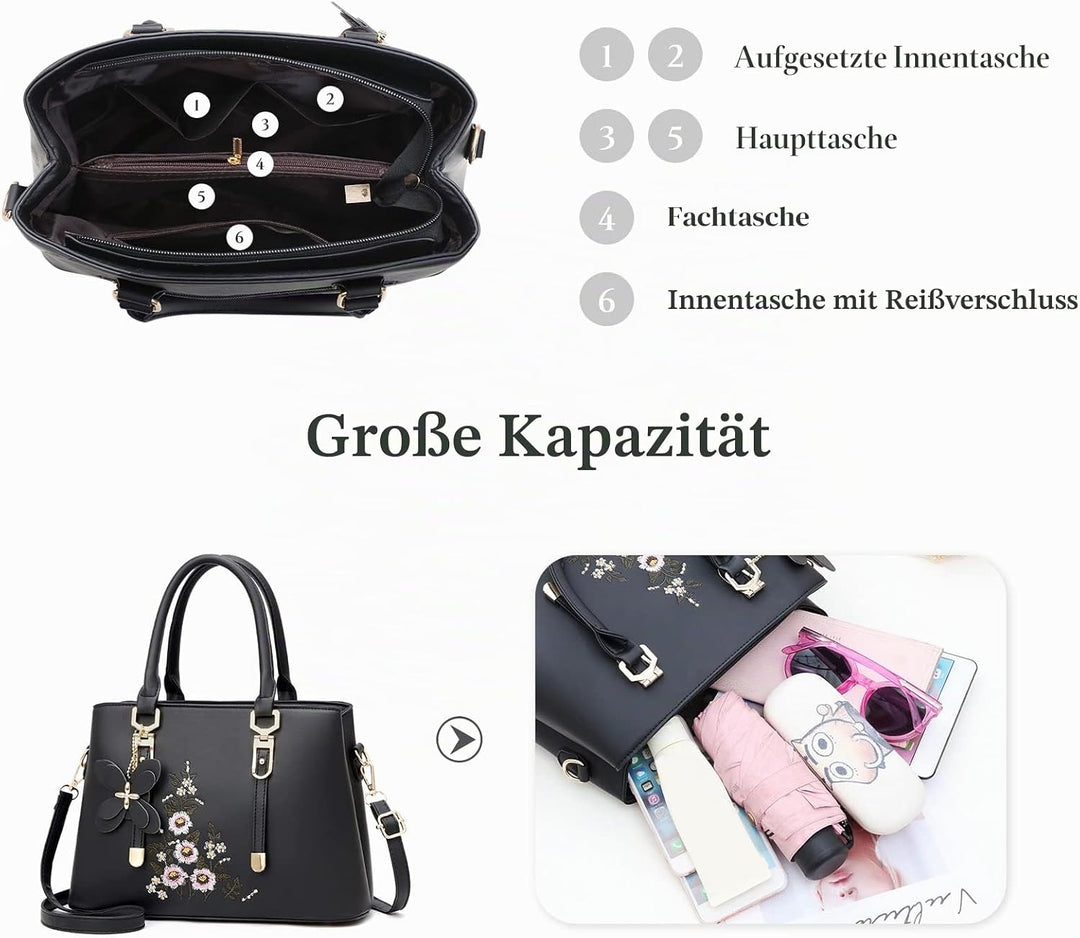 FANDARE Damen Henkeltaschen Wasserdicht Tote Beutel Umhängetaschen Schultertasche PU-Leder Bestickte