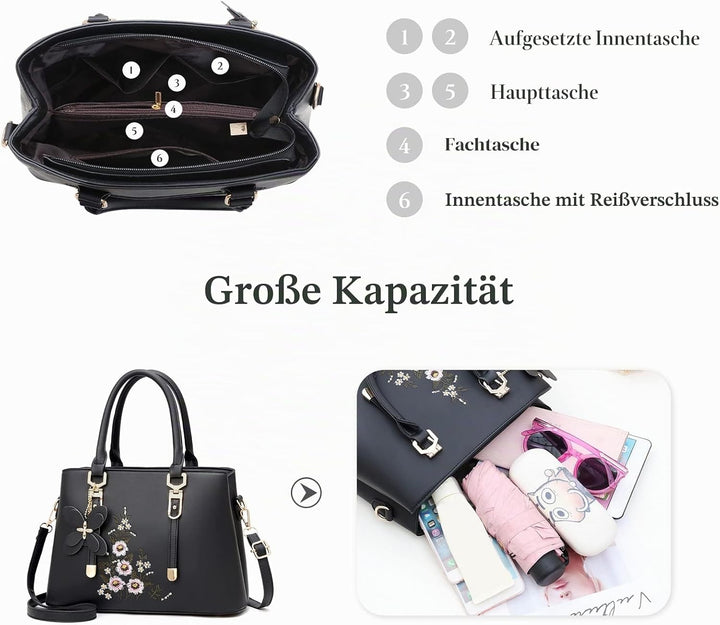 FANDARE Damen Henkeltaschen Wasserdicht Tote Beutel Umhängetaschen Schultertasche PU-Leder Bestickte