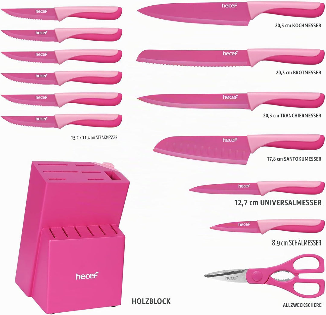 hecef 14-teilig Messerblock mit Messer, Pink, Antihaft-Beschichtung – Spülmaschinenfest, Messerblock