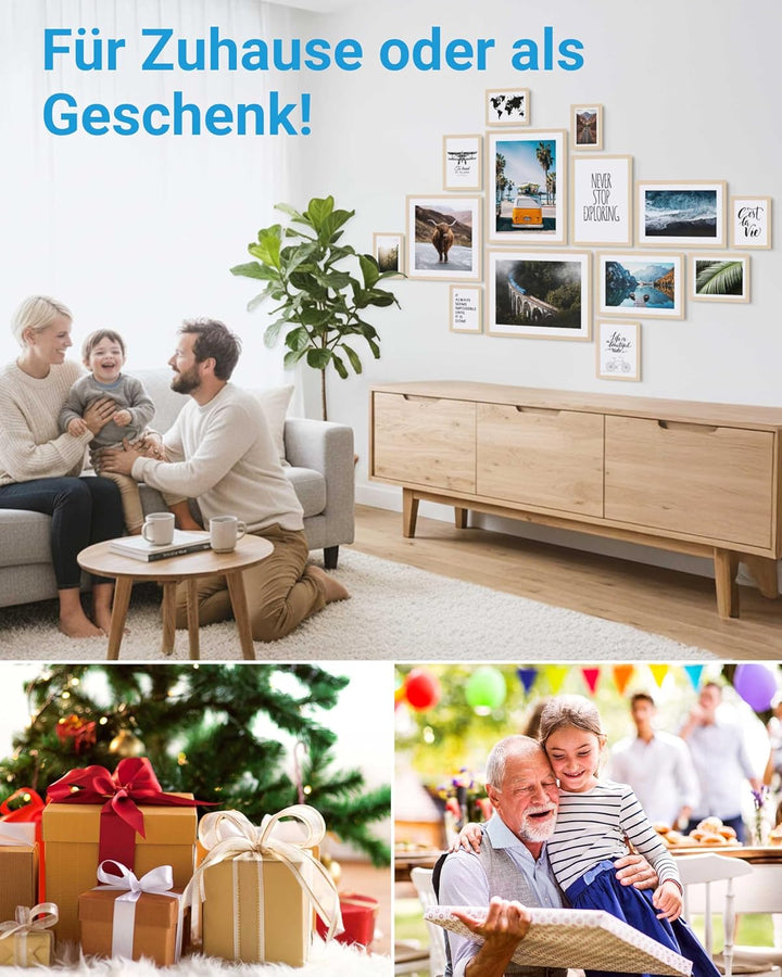 PHOTOLINI Bilderrahmen Set verschiedene Grössen, 14 Bilderrahmen Holz MDF Natur, Bilder Rahmen mit A
