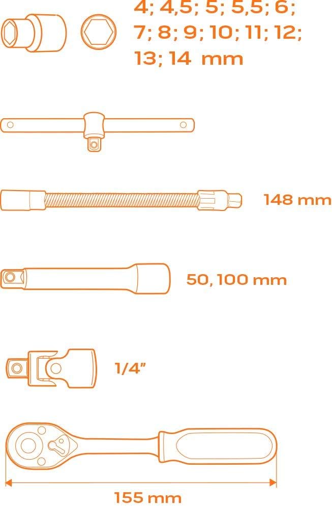 NEO TOOLS Steckschlüssel 1/4, 19-er Set, 19-er Set