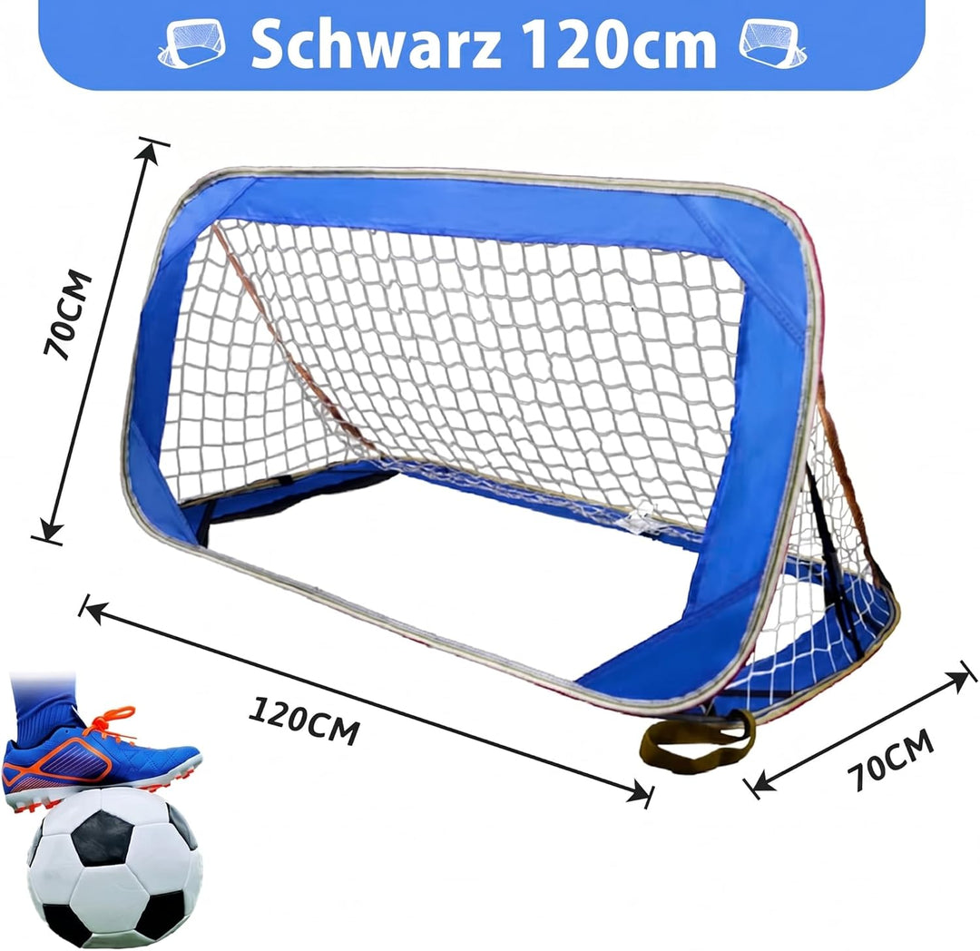 Fussballtore Kinder 2er Set: Pop-Up Fussballtor 120x70x70 cm, Blau, für Garten, mit Polyester-Netz,
