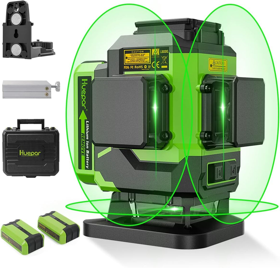 Huepar 3 x 360 Kreuzlinienlaser Grün 3D Grad Linienlaser Selbstnivellierend und Ausrichtung Fliesenb