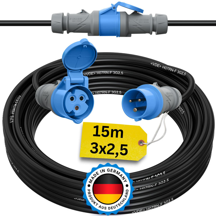 Camping Kabel 15 Meter CEE verlängerungskabel 15m aussen H07RN-F 3x2,5 Strom Wohnwagen Kabel landstr