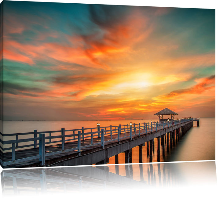 Pixxprint Steg ins Meer bei Sonnenuntergang als Leinwandbild/Grösse: 100x70 cm/Wandbild/Kunstdruck/f
