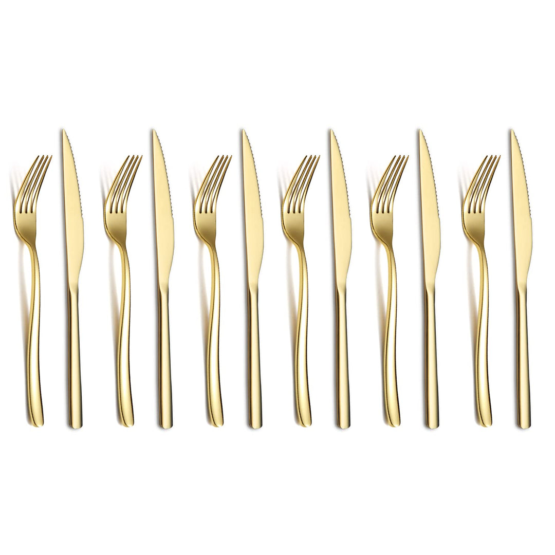 Gold Steak Besteckset 12-Teilig, Premium Edelstahl 6 Tafelgabeln und 6 Tafelmesser-Set, Steakmesser