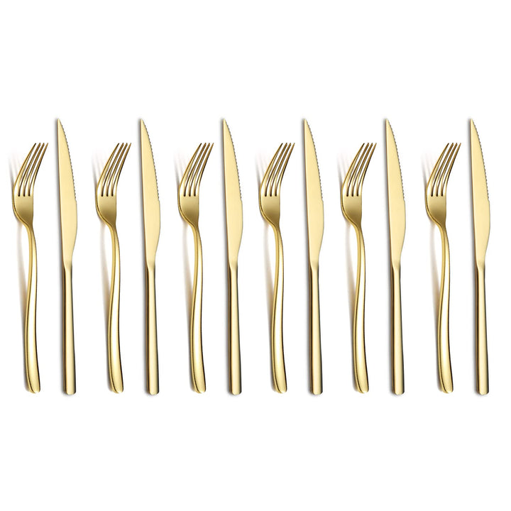 Gold Steak Besteckset 12-Teilig, Premium Edelstahl 6 Tafelgabeln und 6 Tafelmesser-Set, Steakmesser