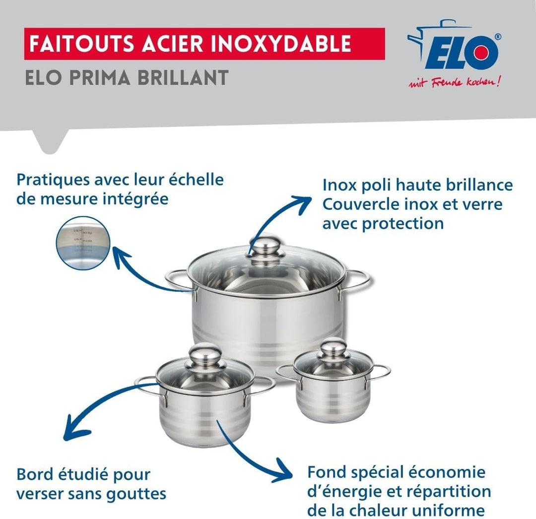 ELO 9720350 Kochgeschirr-Set, 4-teilig, 1 Bratpfanne 32 cm und 3 Kochtöpfe 12, 14 und 24 cm, Elo Pri