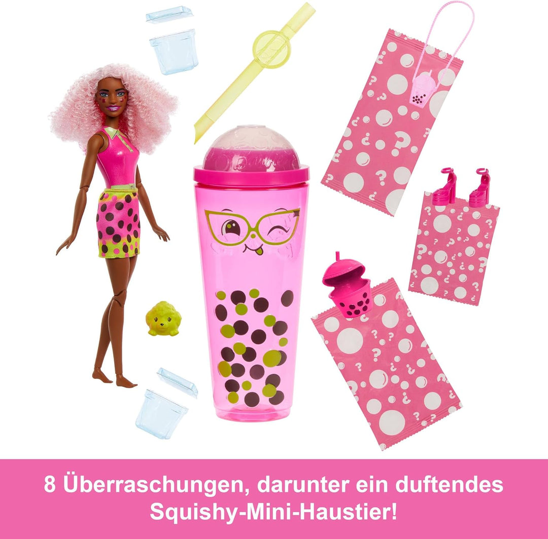 Barbie Pop Reveal Bubble Tea Serie Puppe und Zubehör, duftende Berry-Bliss-Modepuppe mit Haustier, 8