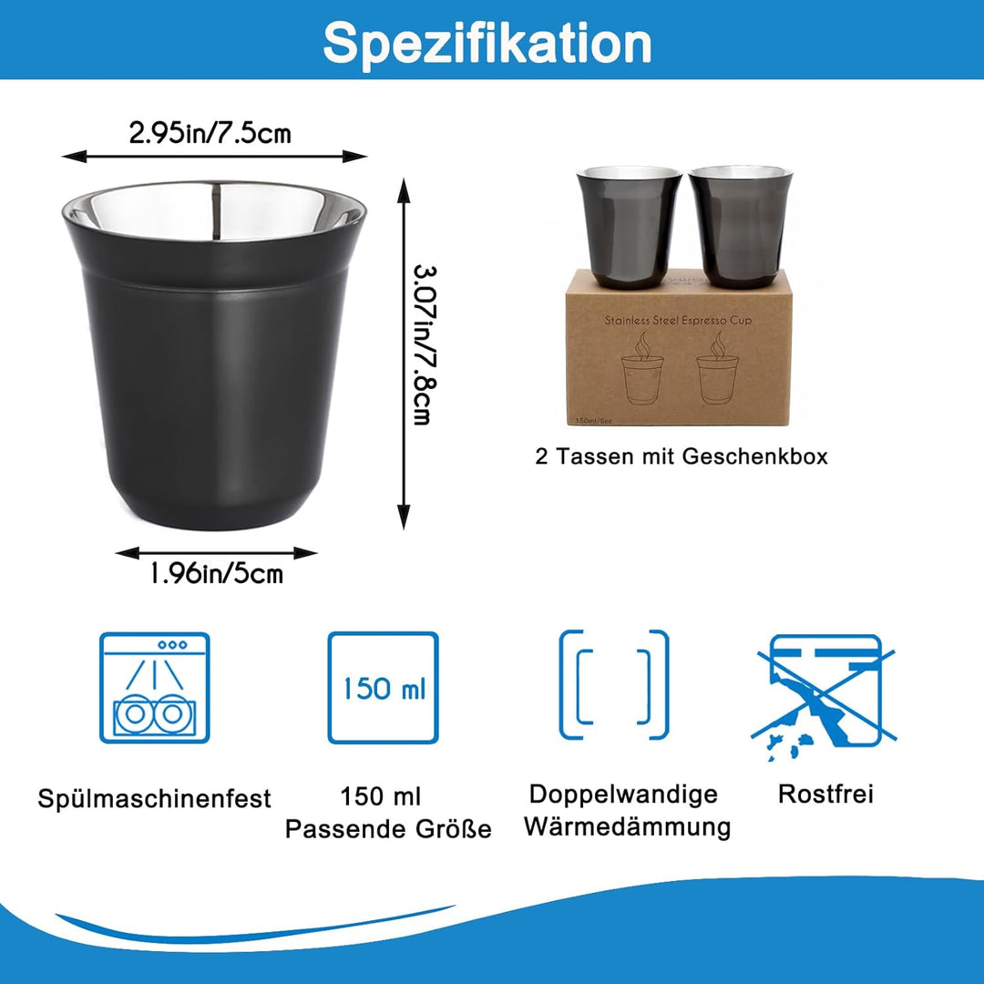 Easyworkz Espressotassen aus Edelstahl, doppelwandig, isoliert, Demitasse-Tassen, 2er-Set, hitzebest