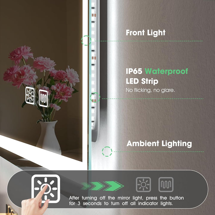 S'bagno Badspiegel mit Beleuchtung 1000x700mm,LED Badezimmerspiegel mit Speicher, Entfoggen, 3000K/4
