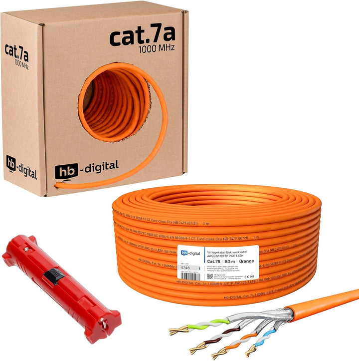 HB-DIGITAL 50m CAT.7a Netzwerkkabel Orange Verlegekabel Ethernet LAN AWG23 Reines Kupfer S/FTP PiMF