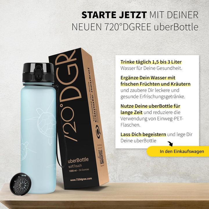720°DGREE Trinkflasche 1l mit Motiv “uberBottle“ +Sieb - Auslaufsicher, Leicht, BPA-Frei, Bruchsiche