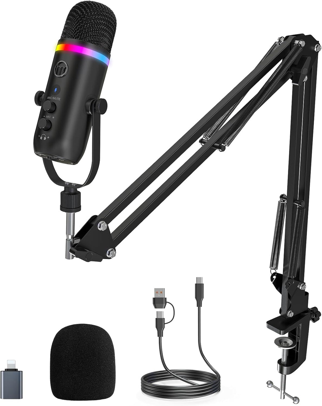 zealsound Podcast Mikrofon mit Arm -RGB Rauschunterdrückung Gaming Kondensatormikrofon für PC & Hand
