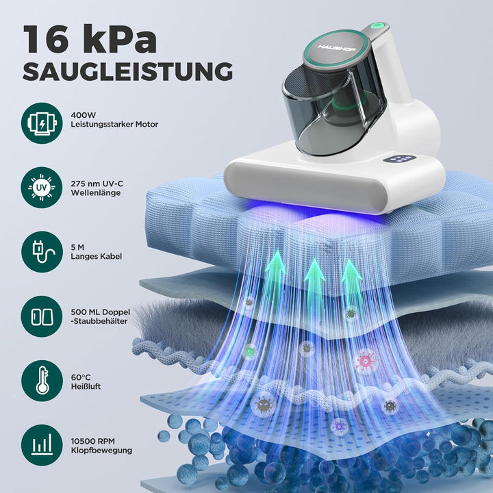 HAUSHOF Milbensauger für Matratzen 16 kPa mit UV Licht &amp; 60℃ Heissluft, Matratzenreiniger 400W mit D