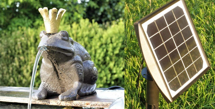 powershop11 Wasserspeier Froschkönig Guss 13 cm mit Solarpumpe Solaris 170