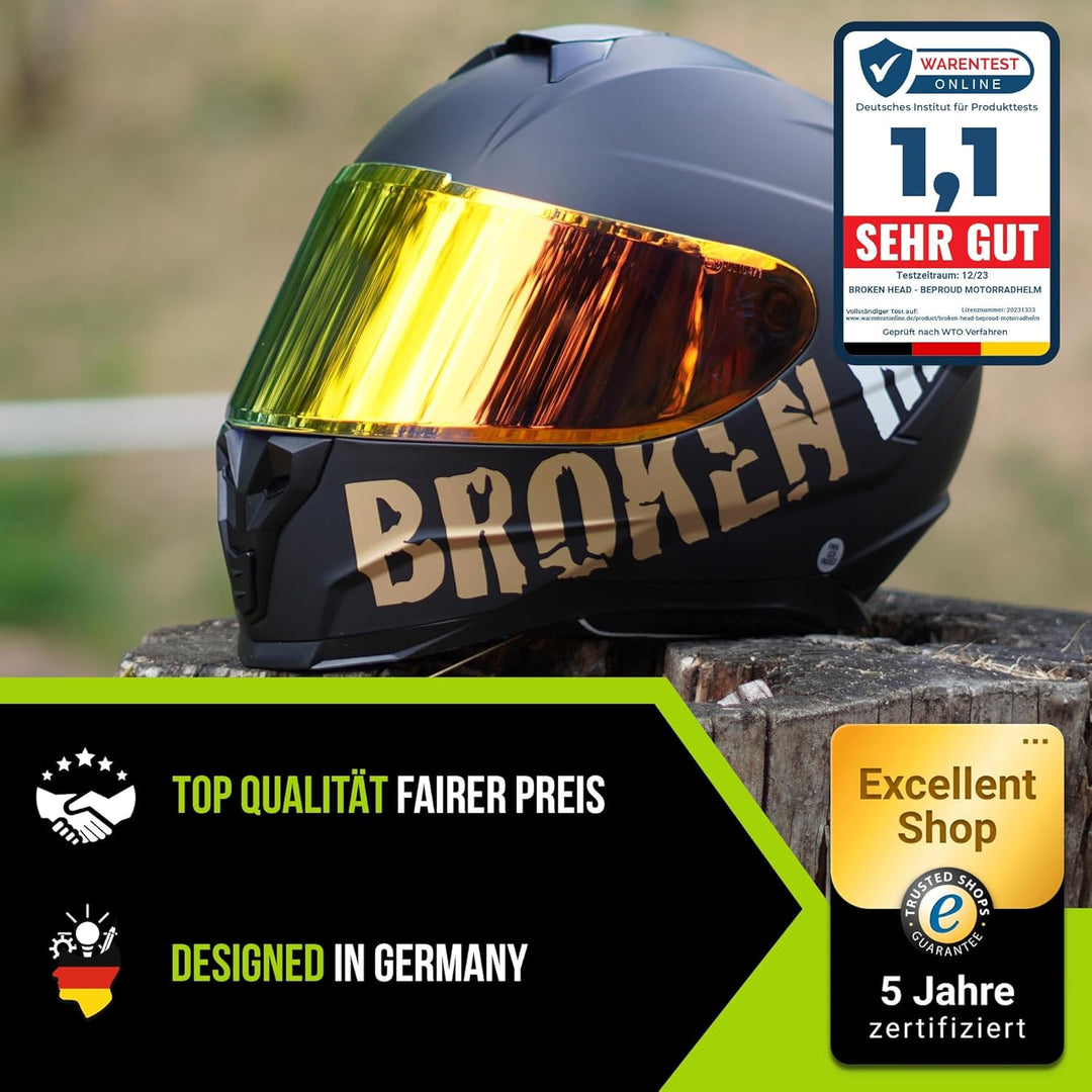 Broken Head Motorradhelm BeProud Sport Gold + Gold Verspiegeltes & Klares Visier - Integralhelm Matt