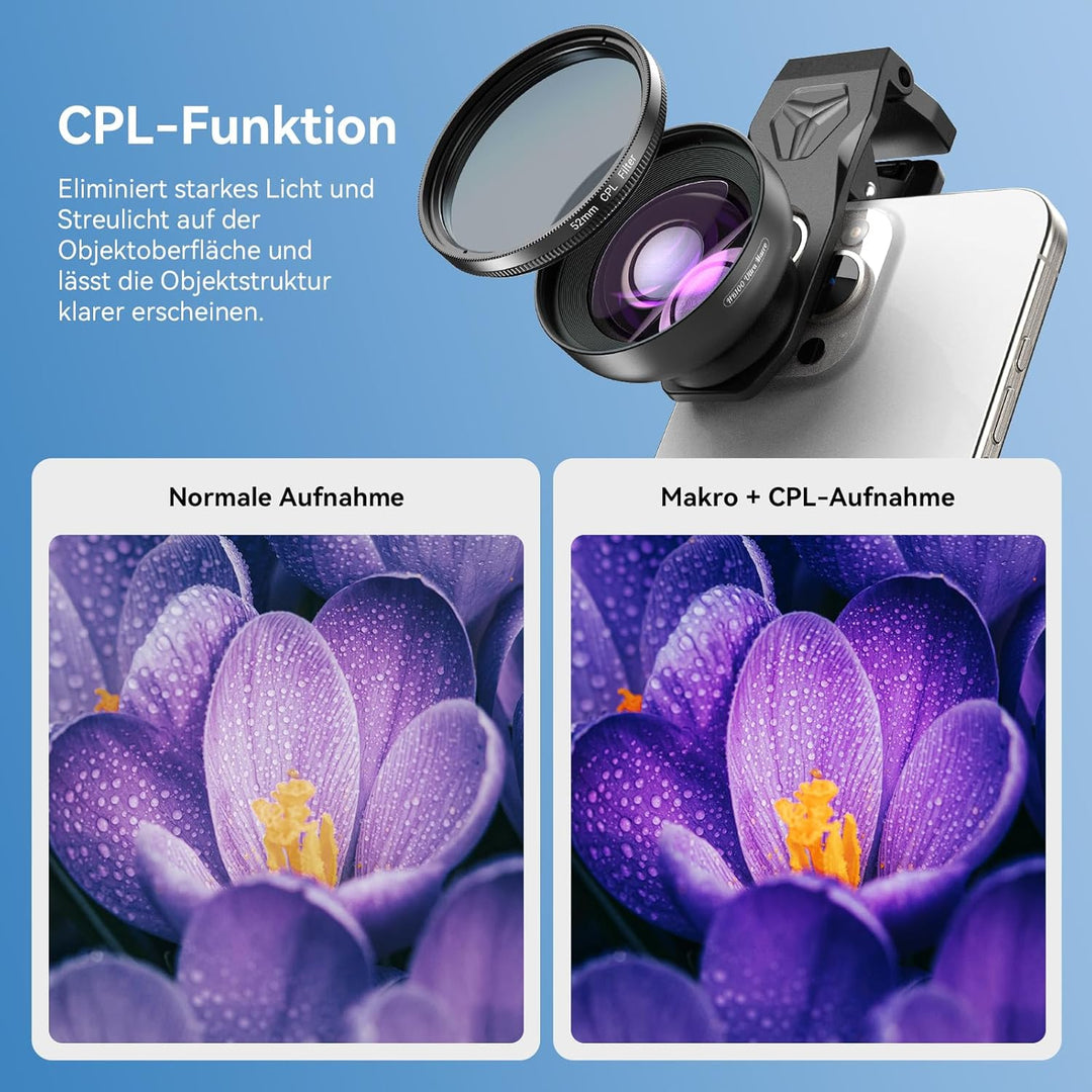 APEXEL HB100 Ultra HD Handy Makroobjektiv mit 52 mm CPL & Sternfilter, F1.05-Blende & AF-Beschichtun