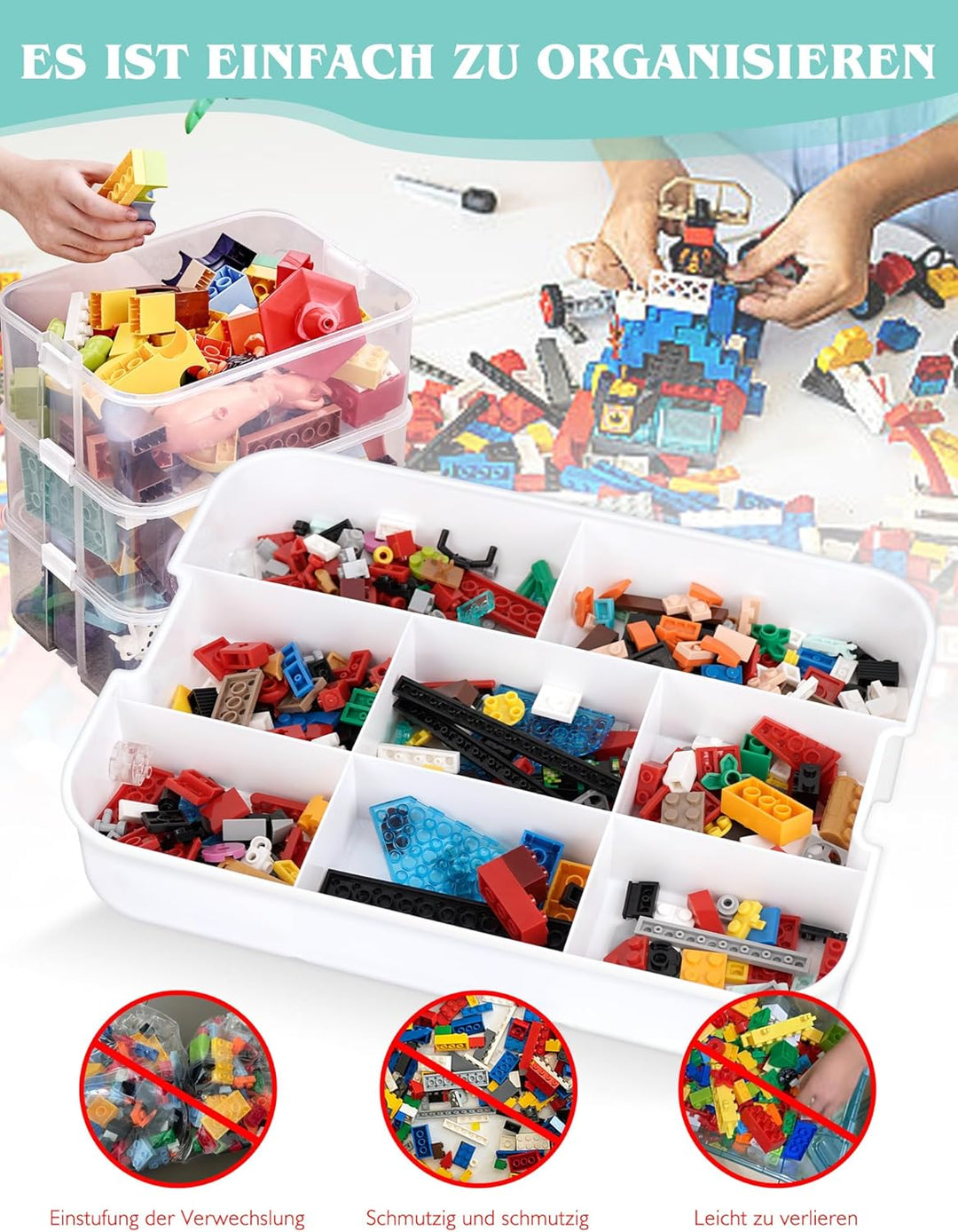 Aufbewahrungsboxen mit Deckel für Lego, 2 Ebenen Transparente Sortierboxen für Kleinteile, Plastik S
