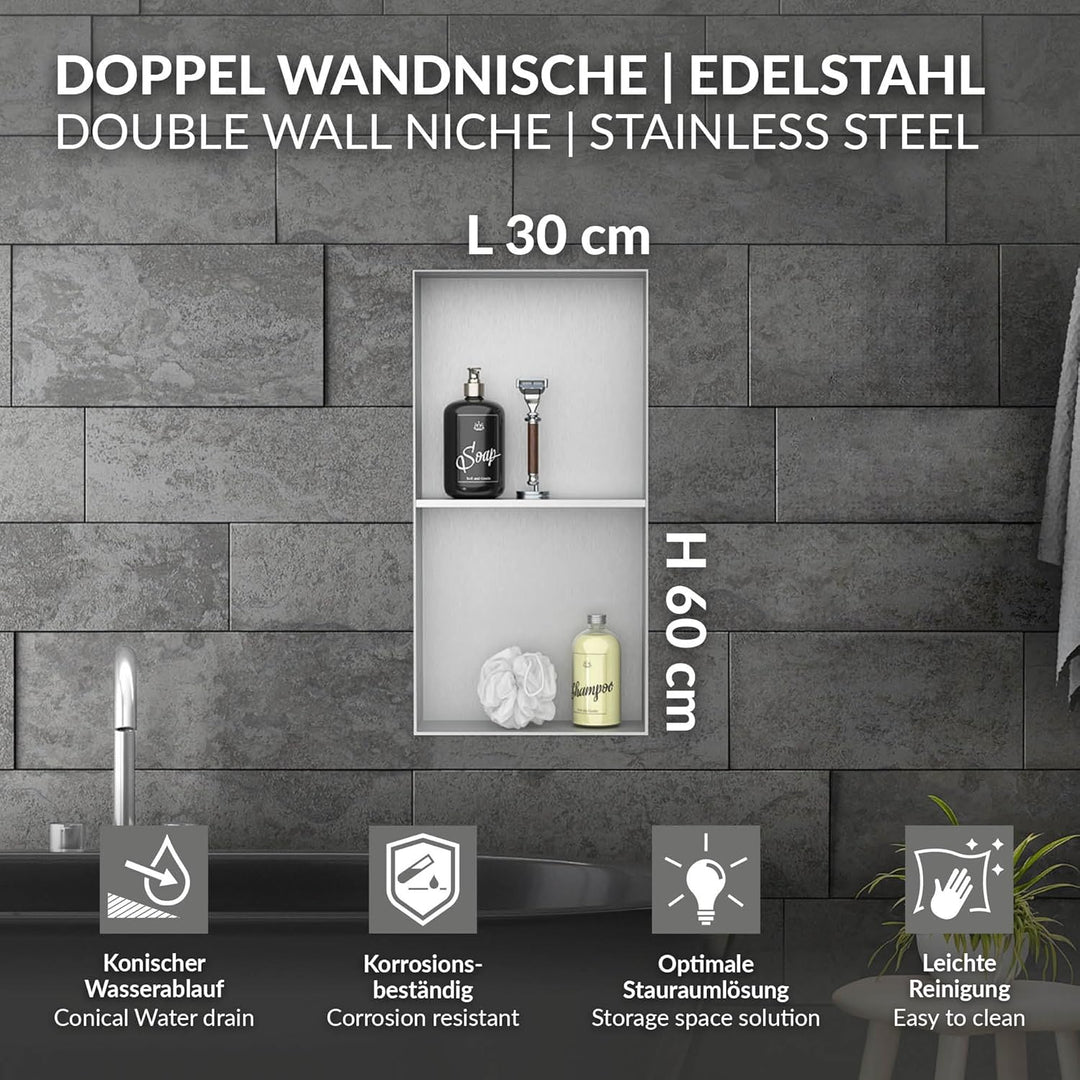 LuxeBath Wandnische Doppel aus Edelstahl, 30x60x10 cm, Silber, Duschnische, Randlos, Einbauregal, Fl