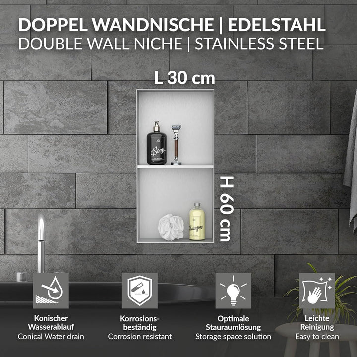 LuxeBath Wandnische Doppel aus Edelstahl, 30x60x10 cm, Silber, Duschnische, Randlos, Einbauregal, Fl