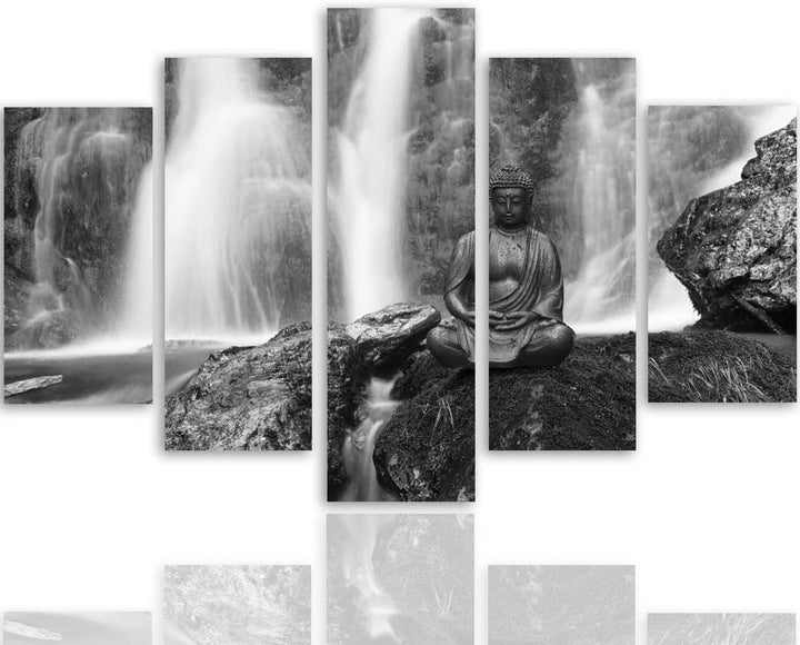 Feeby Leinwandbild 5 Teilig Buddha Bild Wanddeko Wasserfall Natur Schwarzweiss 200x100 cm Leinwandbi