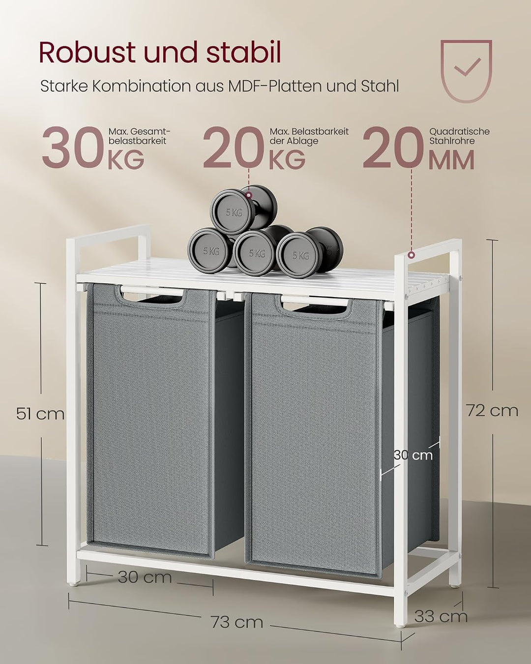 VASAGLE Wäschekorb 2 Fächer, mit Ablage, Metallrahmen, 2 x 46 L | Wäschesack aus Oxford-Gewebe abneh