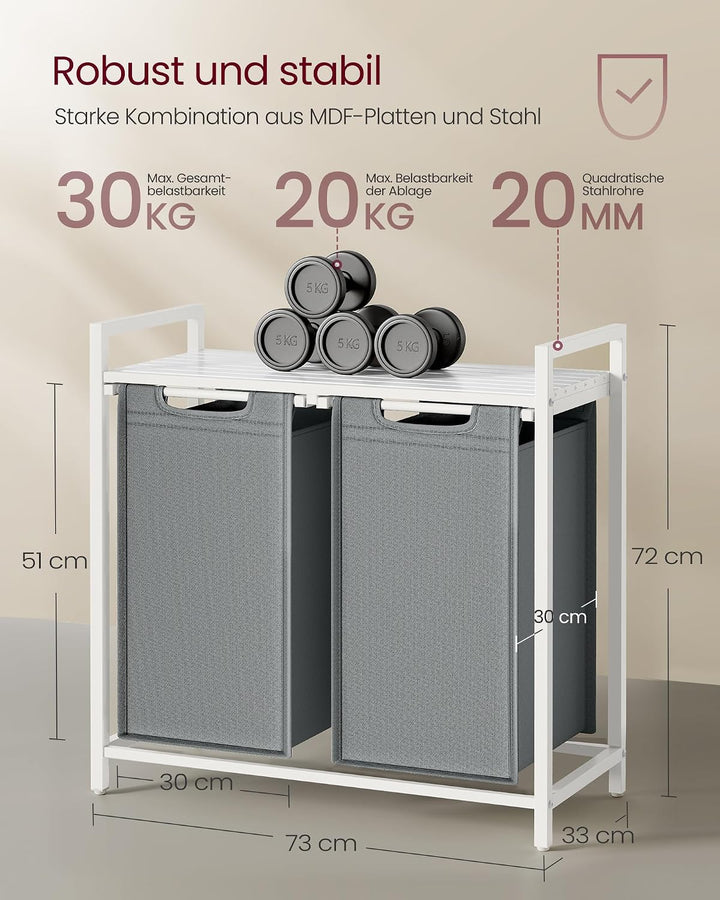VASAGLE Wäschekorb 2 Fächer, mit Ablage, Metallrahmen, 2 x 46 L | Wäschesack aus Oxford-Gewebe abneh