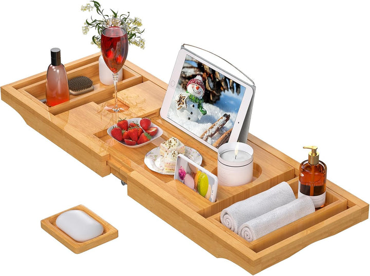 Badewannen-Caddy Tablett für Badewanne, faltbares Bambus-Badetisch-Tablett mit Buch und Weinglashalt