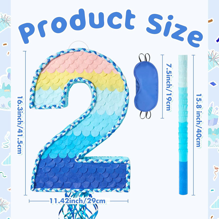 WERNNSAI Nummer 2 Piñata Set - Blaue Deko mit Augenbinde & Schläger | Aus robuster Wellpappe; ideale