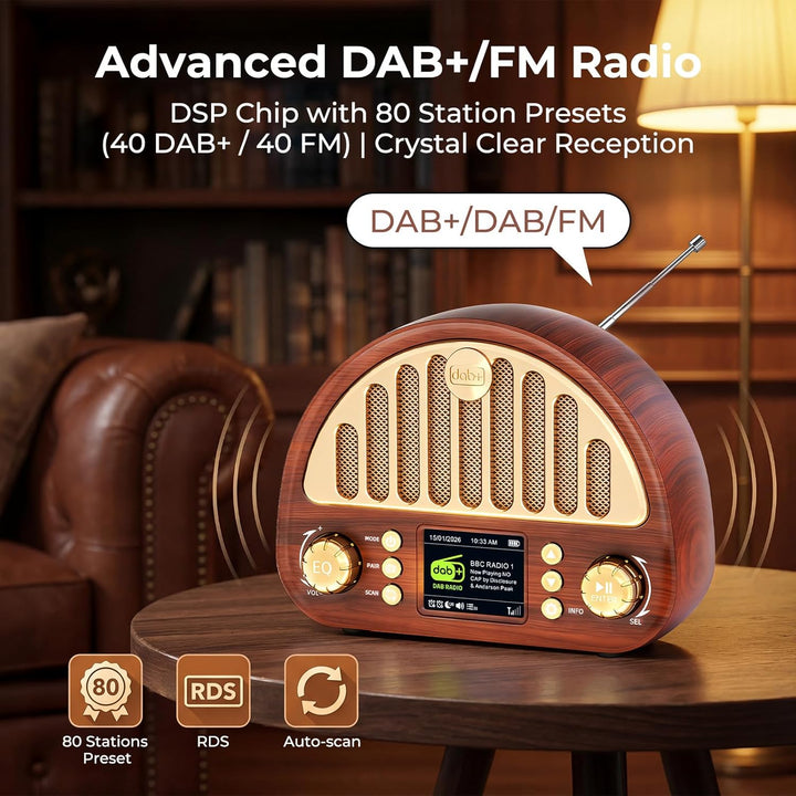 ROCAM DAB+/UKW Radio, Retro Radio mit Bluetooth 5.0, 8W Full Sound Lautsprecher, 3000mAh Akku, 2" Fa
