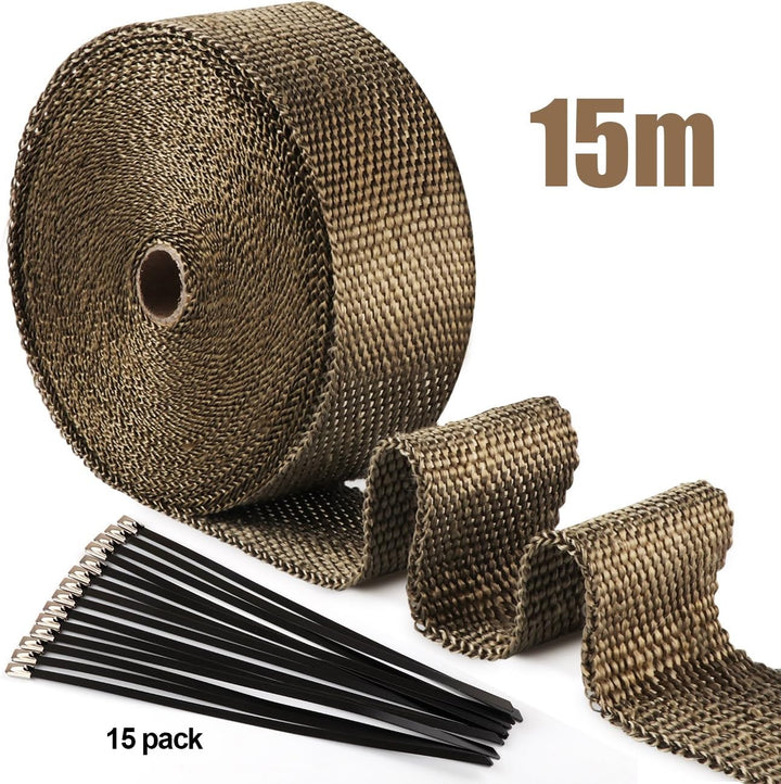 ilauke Hitzeschutzband Auspuffband, 15M*5CM Hitzeschutzband Auspuff Gelb mit 15 Edelstahl Kabelbinde