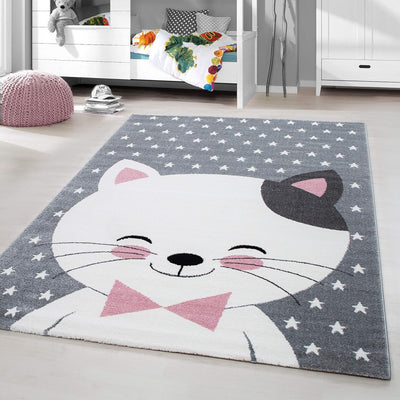 HomebyHome Kinderteppich Kurzflor Katze Lächeln Design Kinderzimmer Babyzimmer Spielzimmer 11 mm Flo