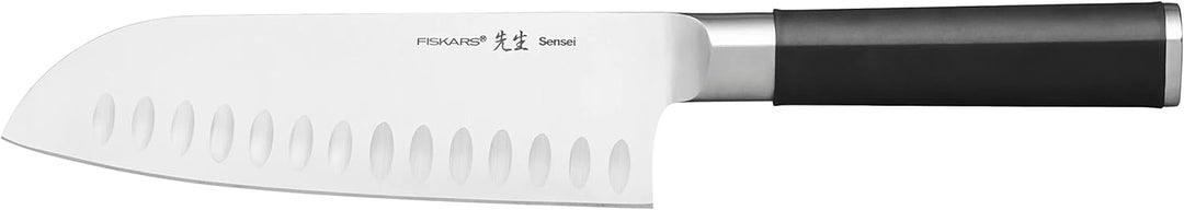 Fiskars Santoku-Messer mit Kullen, Sensei, Gesamtlänge: 29,5 cm, Rostfreier Stahl mit hohem Kohlenst
