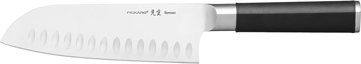 Fiskars Santoku-Messer mit Kullen, Sensei, Gesamtlänge: 29,5 cm, Rostfreier Stahl mit hohem Kohlenst