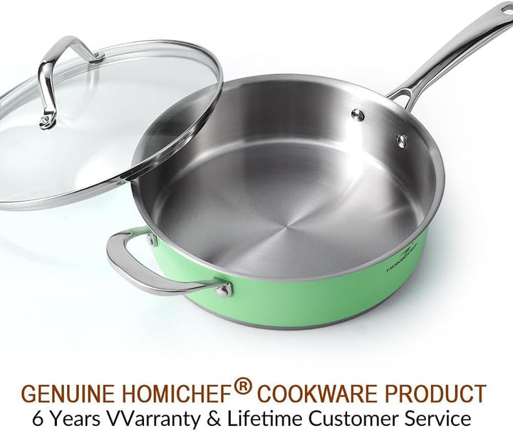 HOMICHEF 24 cm Mintgrün Nickel Frei Edelstahl Sauteuse mit Glasdeckel - 2,36 L ungiftig tief Bratpfa