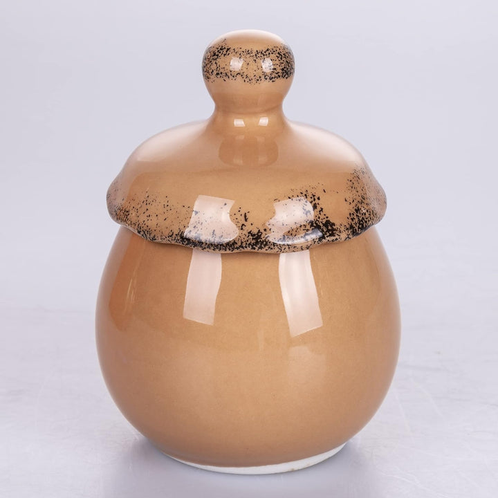 Villa d'Este Home Tivoli Set mit 6 Gewürzdosen aus Keramik mit Ständer aus Holz, Baita Sunset, Braun