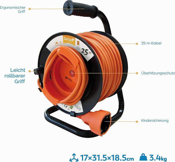 Garza - Reiher 430017 – Leertrommel mit 4 Steckdosen, mit Griff, 25 Meter x 1,5 mm) Jardin 25m, Jard
