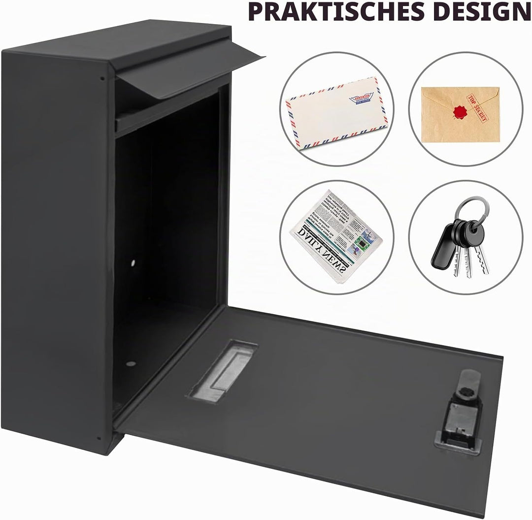 Briefkasten Schwarz mit Zahlenschloss, Wetterfester Wandbriefkasten aus Stahl, Postkasten Regenabwei