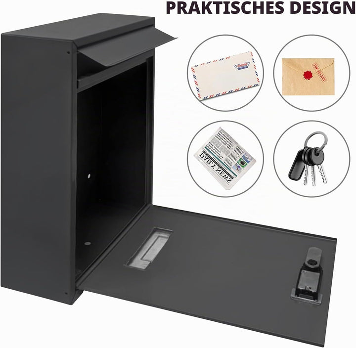 Briefkasten Schwarz mit Zahlenschloss, Wetterfester Wandbriefkasten aus Stahl, Postkasten Regenabwei